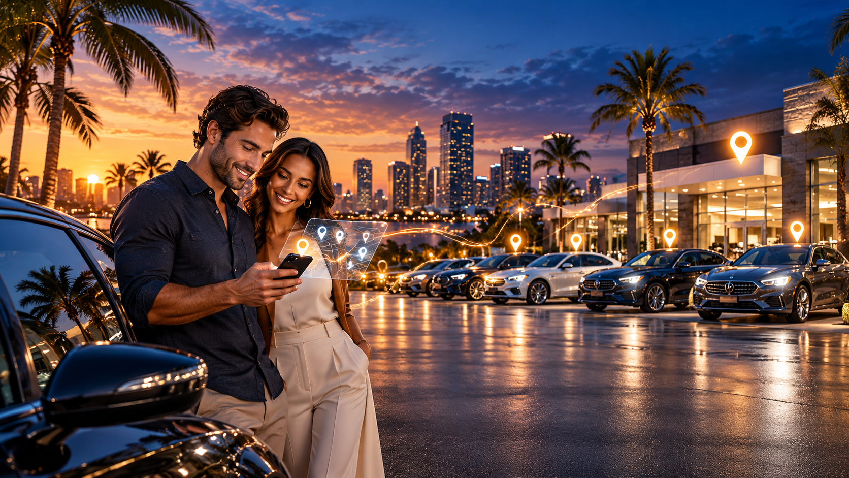 Couple exploring luxury dealerships at dusk on ShoppingVehicles.com